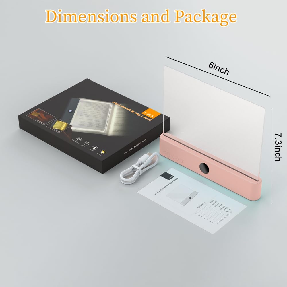 Book Light, Rechargeable Clear LED Flat Book Lights for Reading in Bed at Night with 3 Colors & Timer