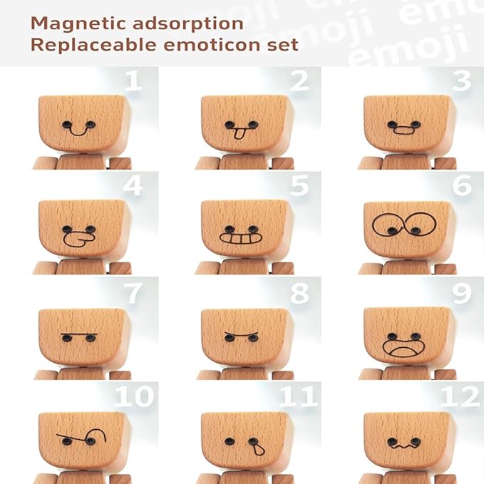 💖Handmade Charming Shaking Wooden Man Figurine with 12PCS Magnetic Expressions