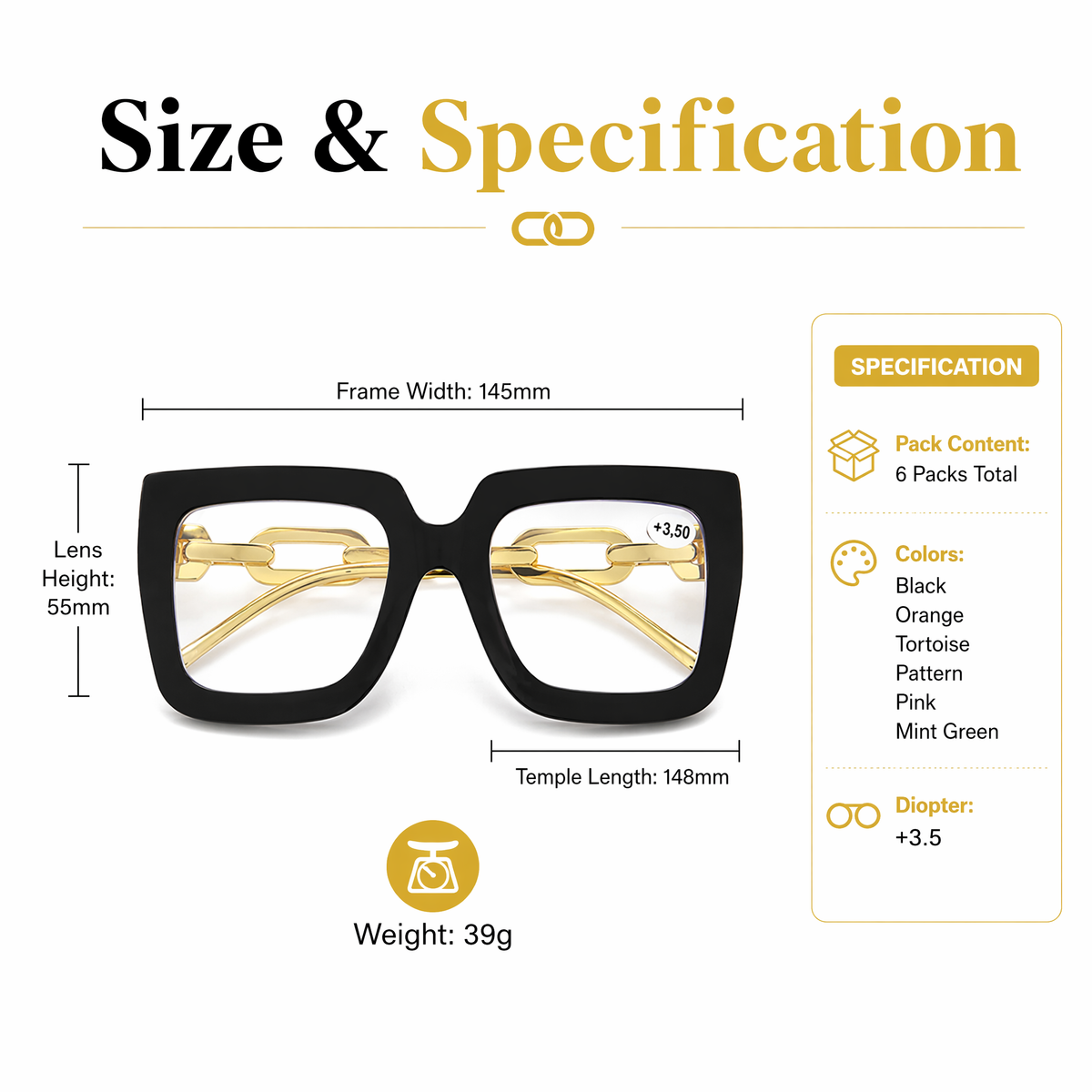 🔥Last day, 70% OFF!🔥-Women’s Oversized Square Chain Reading Glasses(1set-6pcs)