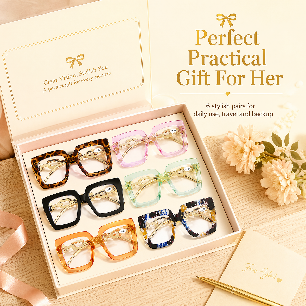 🔥Last day, 70% OFF!🔥-Women’s Oversized Square Chain Reading Glasses(1set-6pcs)