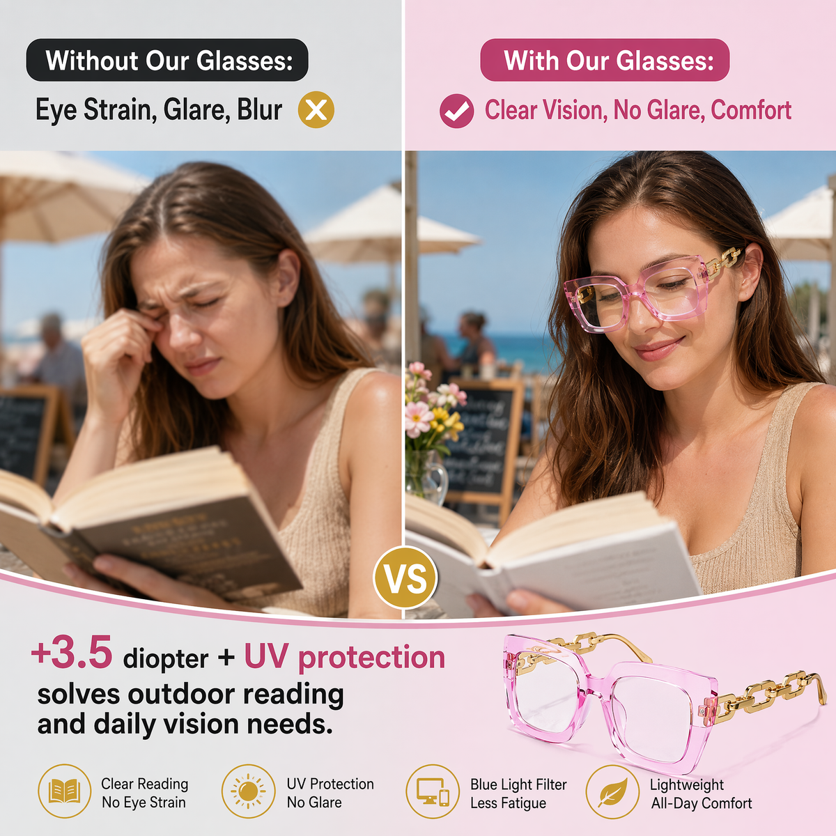🔥Last day, 70% OFF!🔥-Women’s Oversized Square Chain Reading Glasses(1set-6pcs)
