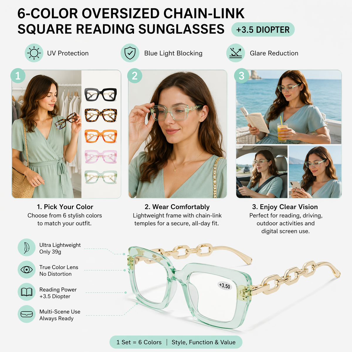 🔥Last day, 70% OFF!🔥-Women’s Oversized Square Chain Reading Glasses(1set-6pcs)