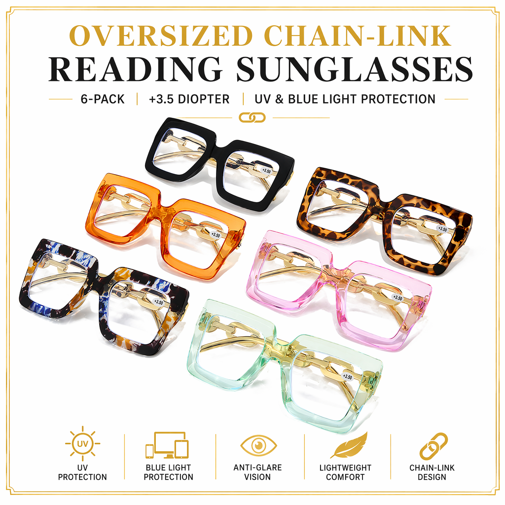 🔥Last day, 70% OFF!🔥-Women’s Oversized Square Chain Reading Glasses(1set-6pcs)