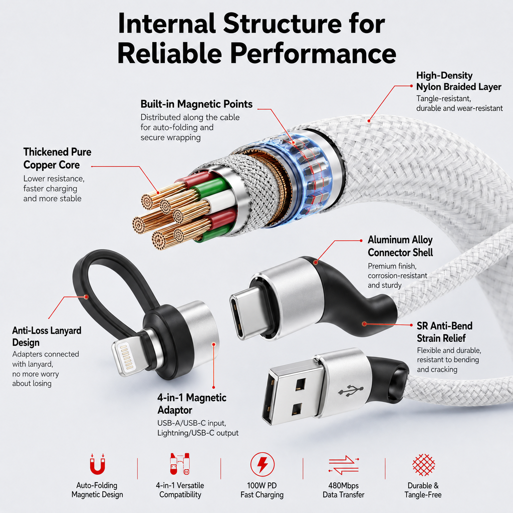 100W 4-in-1 Aluminum Alloy Magnetic Retractable Data Cable