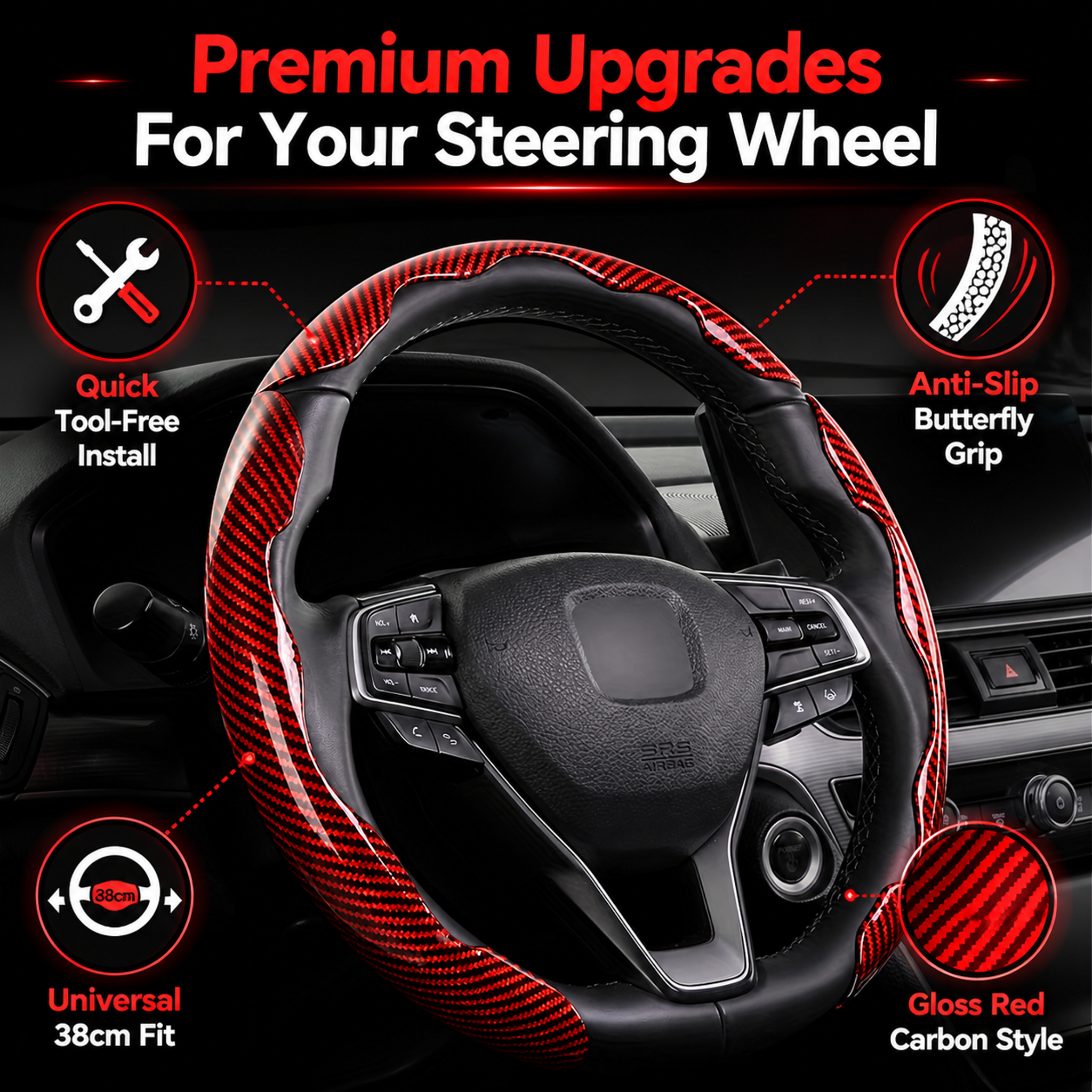 38cm Glossy Carbon Fiber Texture Steering Wheel Cover (3-PCS) — Segmented Non-Slip "Butterfly Wing" Style Car Steering Wheel Protector