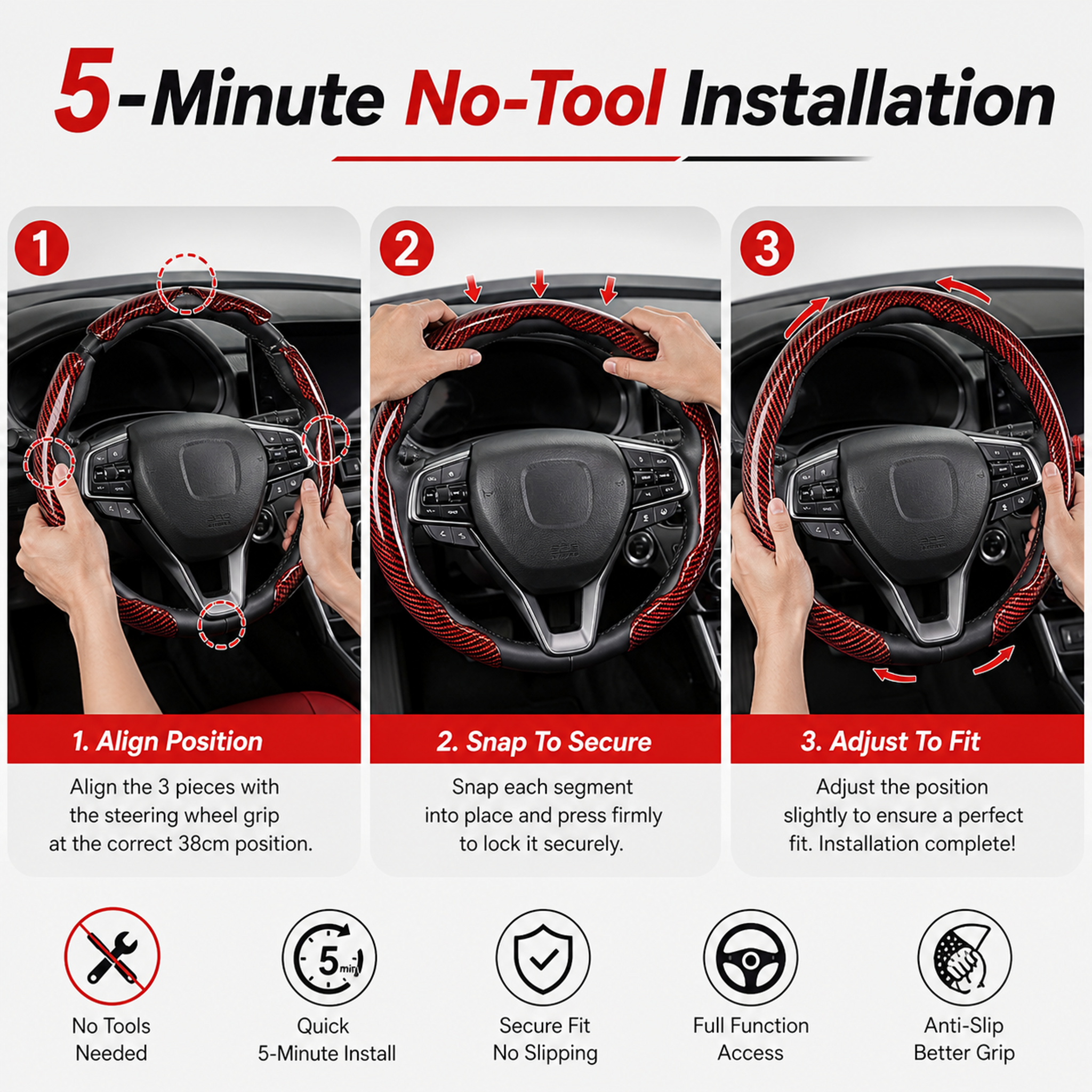 38cm Glossy Carbon Fiber Texture Steering Wheel Cover (3-PCS) — Segmented Non-Slip "Butterfly Wing" Style Car Steering Wheel Protector