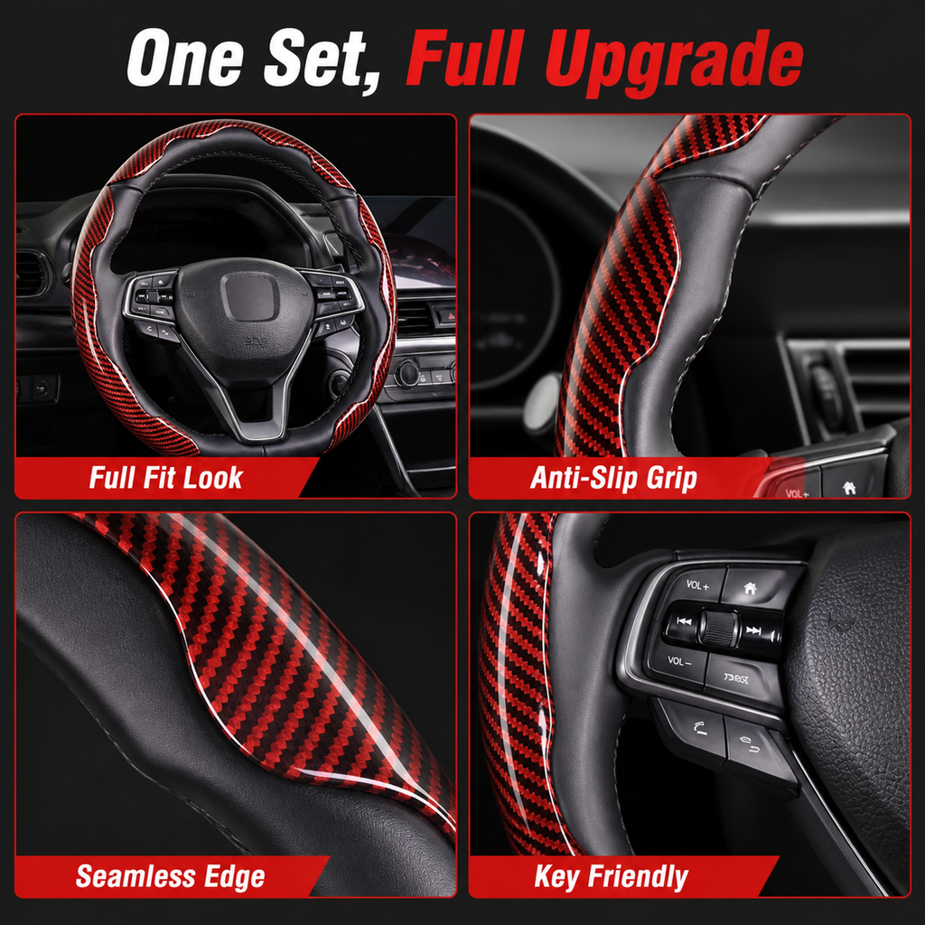 38cm Glossy Carbon Fiber Texture Steering Wheel Cover (3-PCS) — Segmented Non-Slip "Butterfly Wing" Style Car Steering Wheel Protector