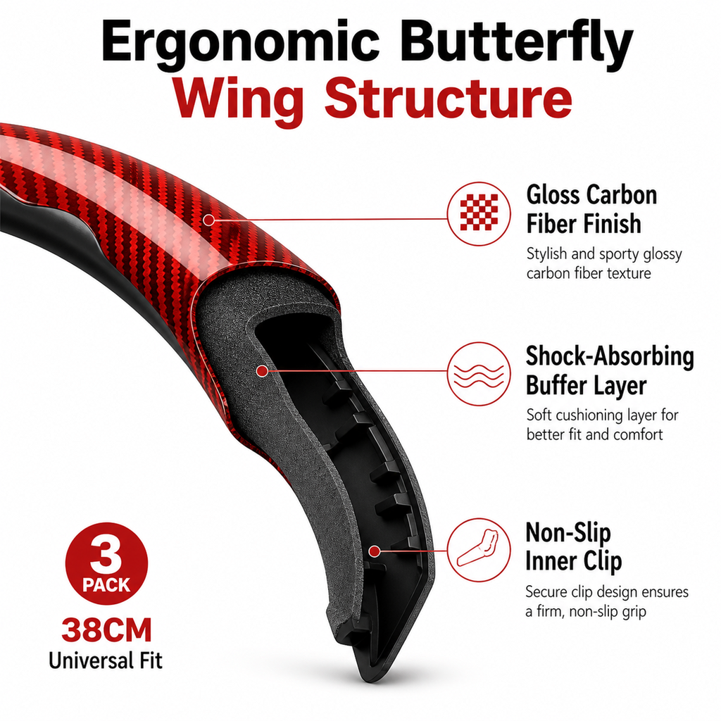 38cm Glossy Carbon Fiber Texture Steering Wheel Cover (3-PCS) — Segmented Non-Slip "Butterfly Wing" Style Car Steering Wheel Protector