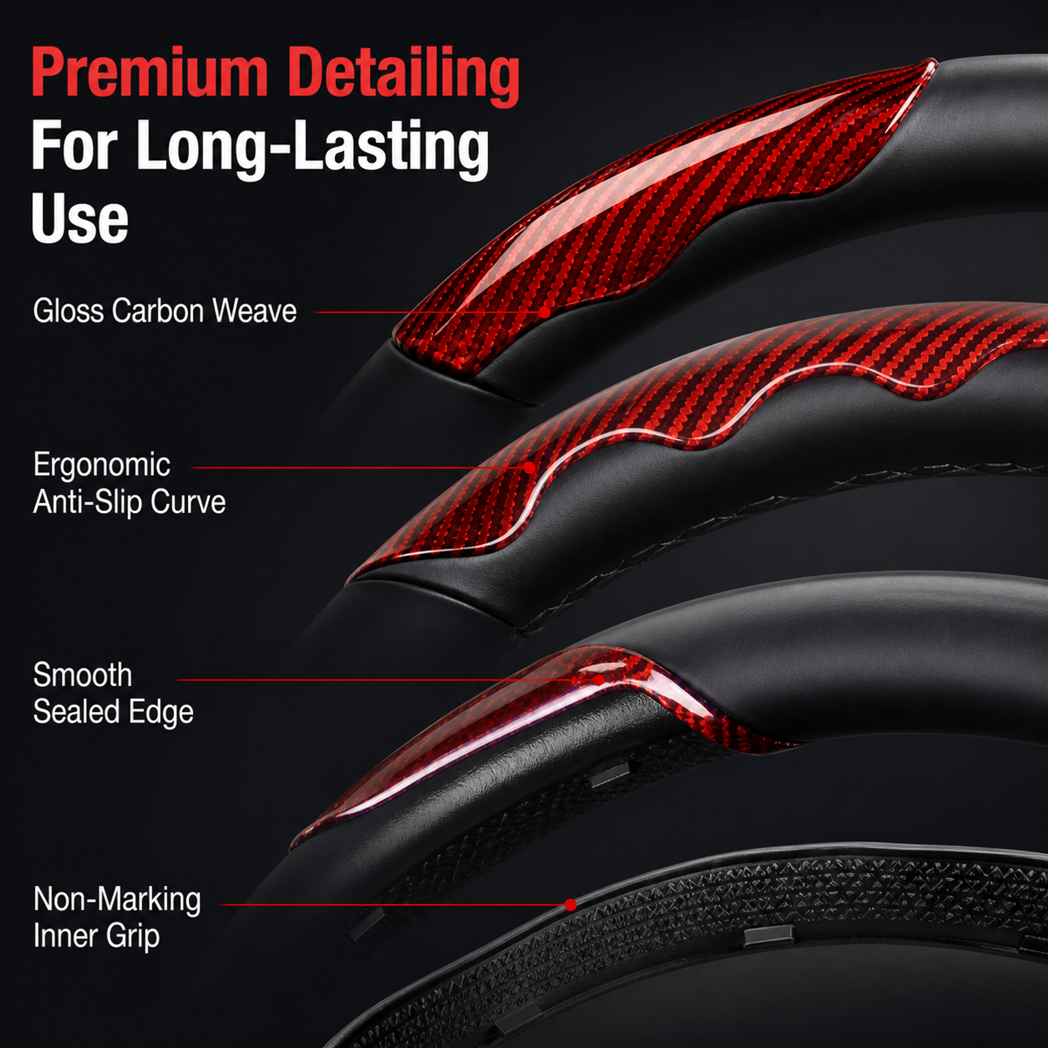38cm Glossy Carbon Fiber Texture Steering Wheel Cover (3-PCS) — Segmented Non-Slip "Butterfly Wing" Style Car Steering Wheel Protector