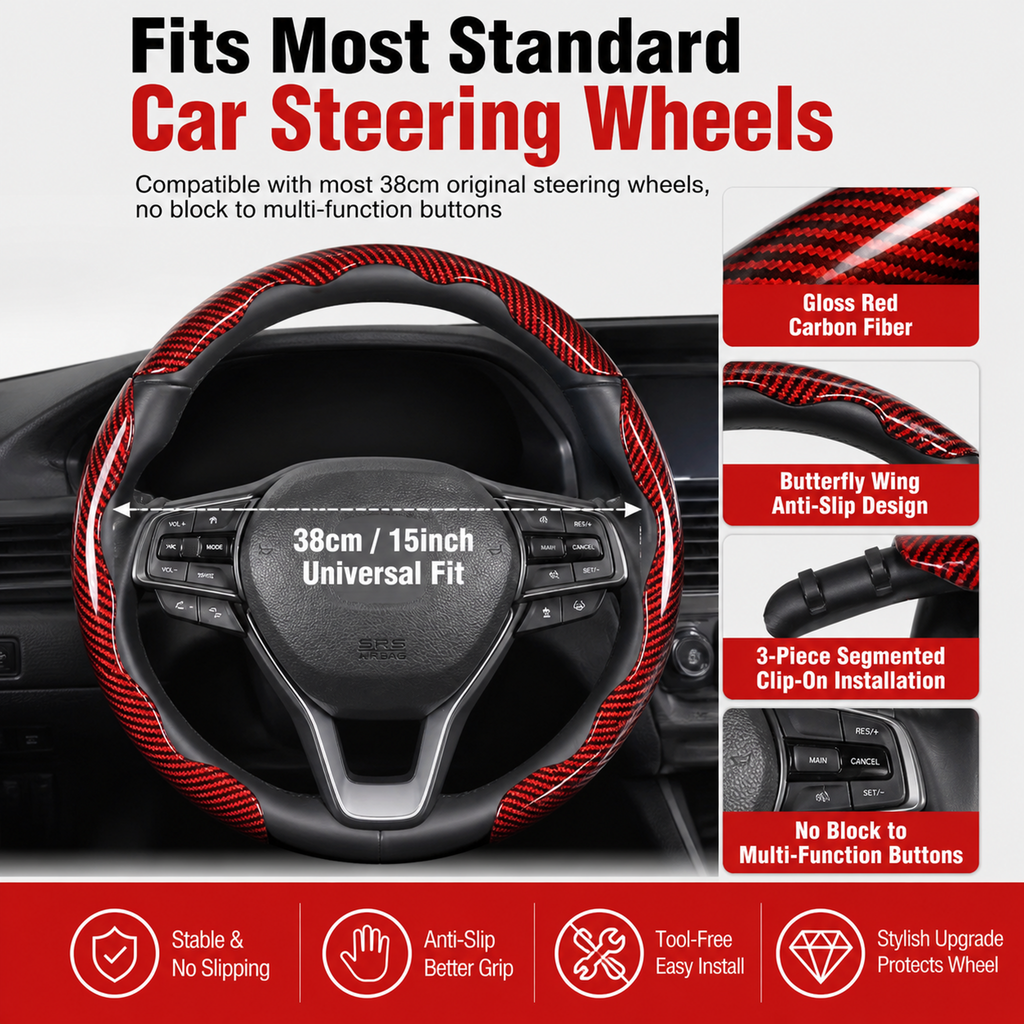38cm Glossy Carbon Fiber Texture Steering Wheel Cover (3-PCS) — Segmented Non-Slip "Butterfly Wing" Style Car Steering Wheel Protector