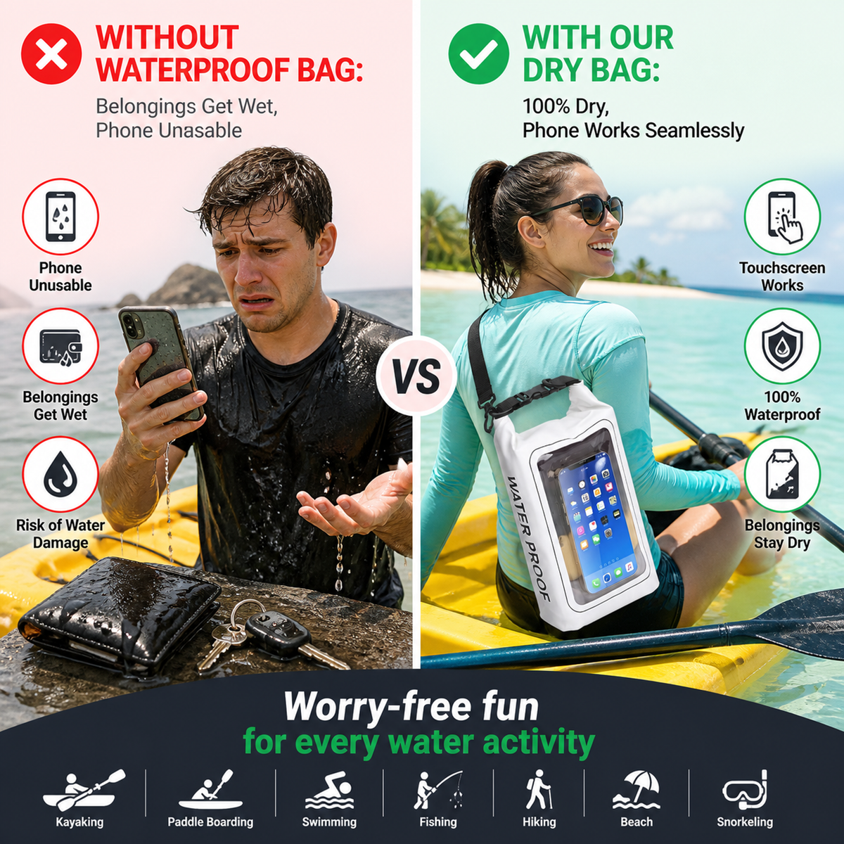 2-liter roll-type waterproof storage bag with touchscreen phone case