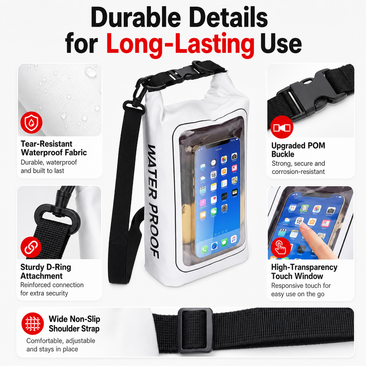 2-liter roll-type waterproof storage bag with touchscreen phone case