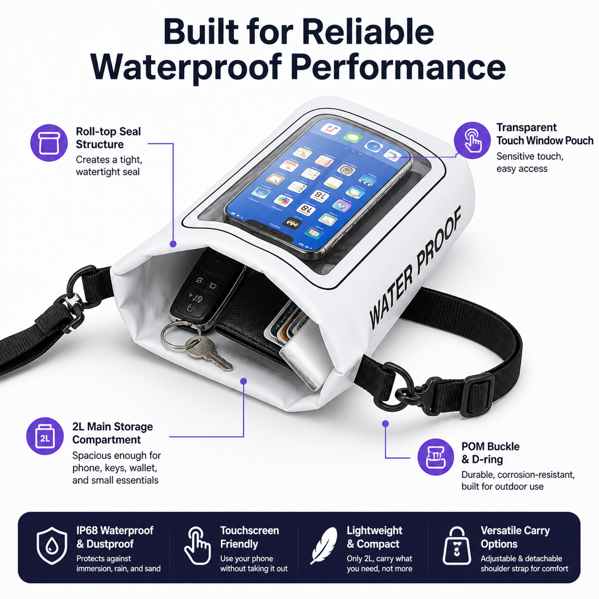 2-liter roll-type waterproof storage bag with touchscreen phone case