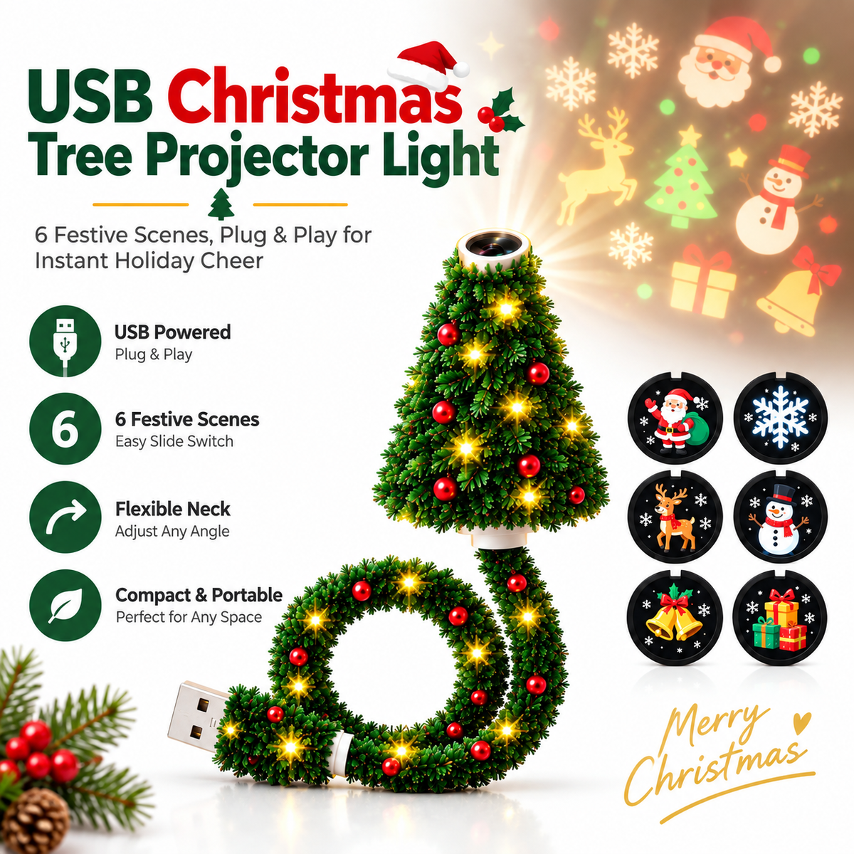 HD USB Christmas tree projector light