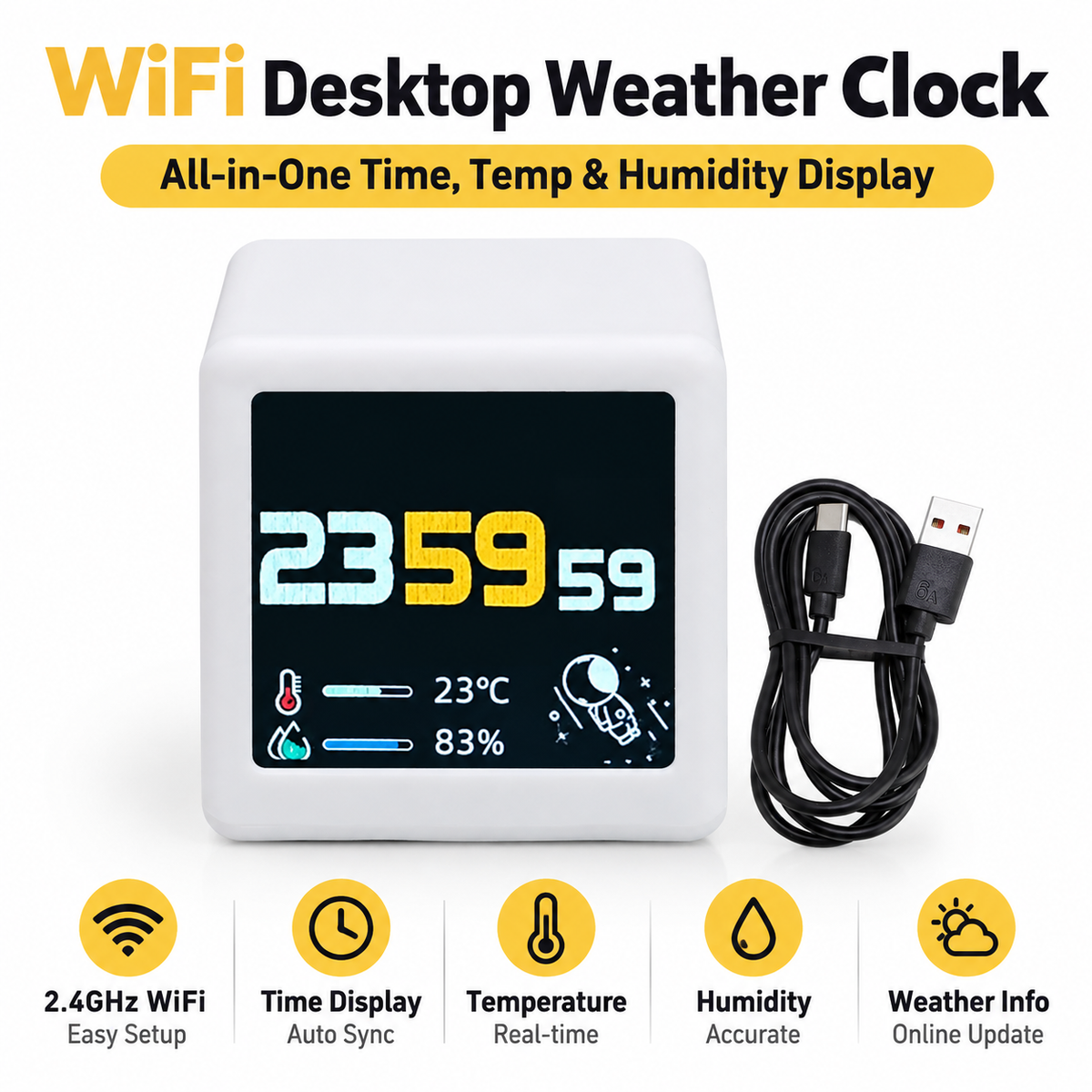 WiFi Time Weather Display Multifunctional Easy Using Desktop Digital Clock