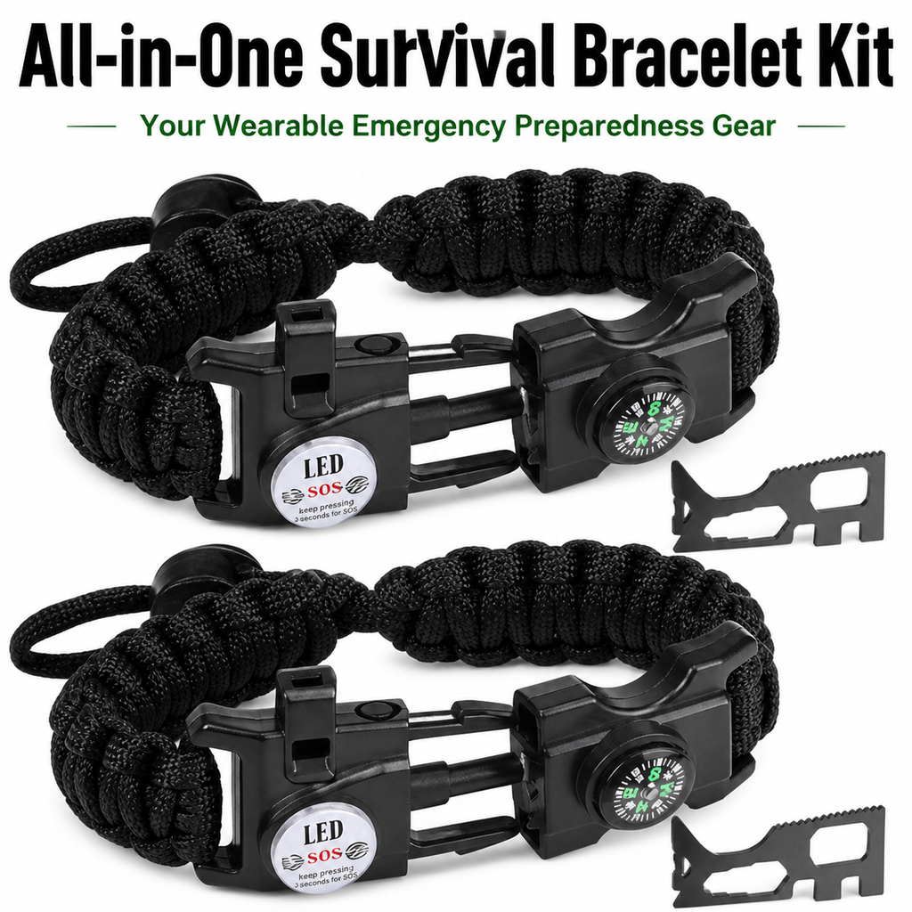 Multifunctional survival bracelet (includes fire starter, whistle, compass, LED light, and tool card), 2PCS