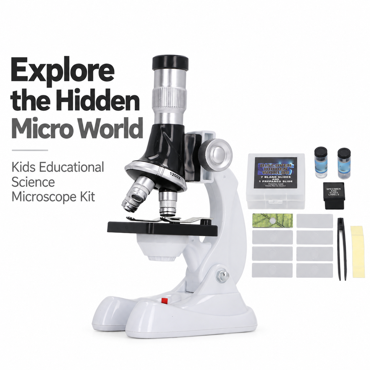 Children's Microscope Set (100x/600x/1200x magnification, equipped with 3 objective lenses)