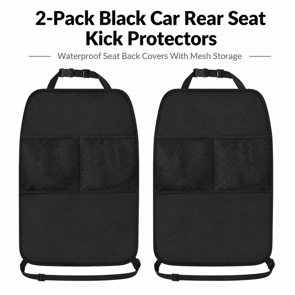 Car rear seat anti-dirty pad, with double mesh bag storage bag 2 pieces in black