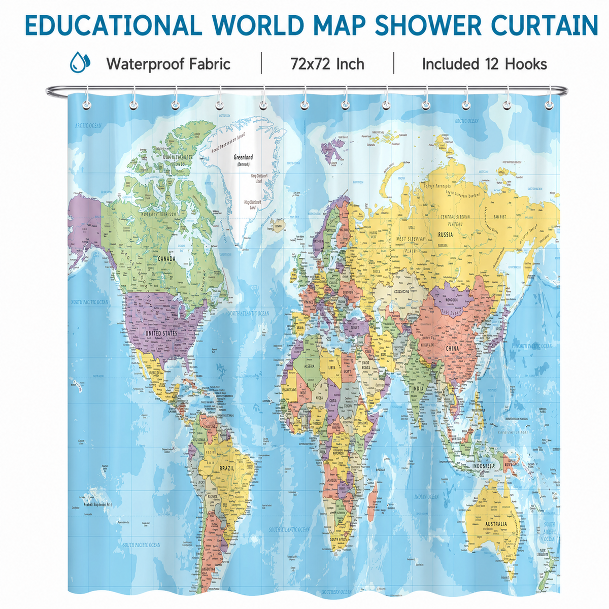 World map shower curtain, 72x72 inches