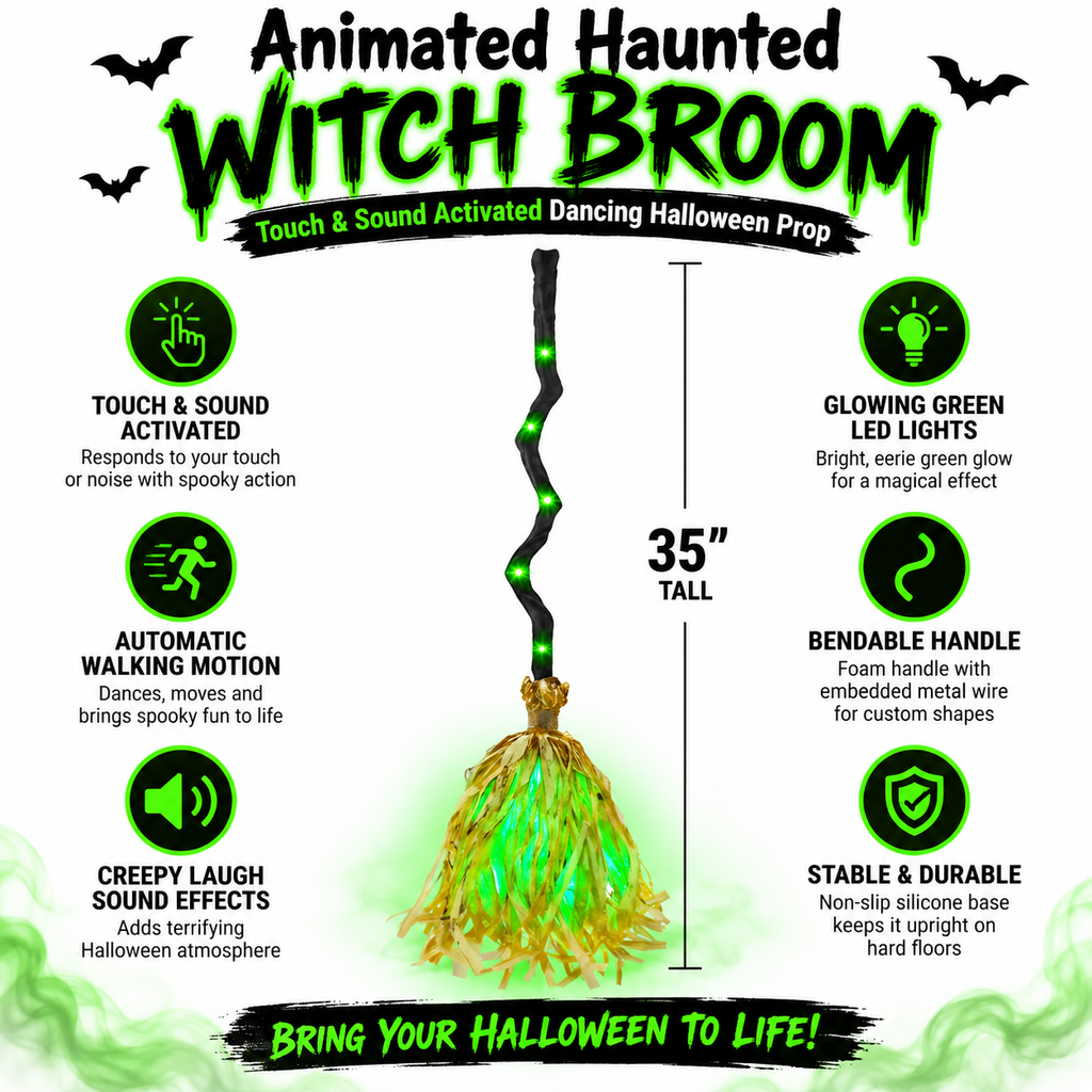 Animated Halloween Broom with Sound and LED Light