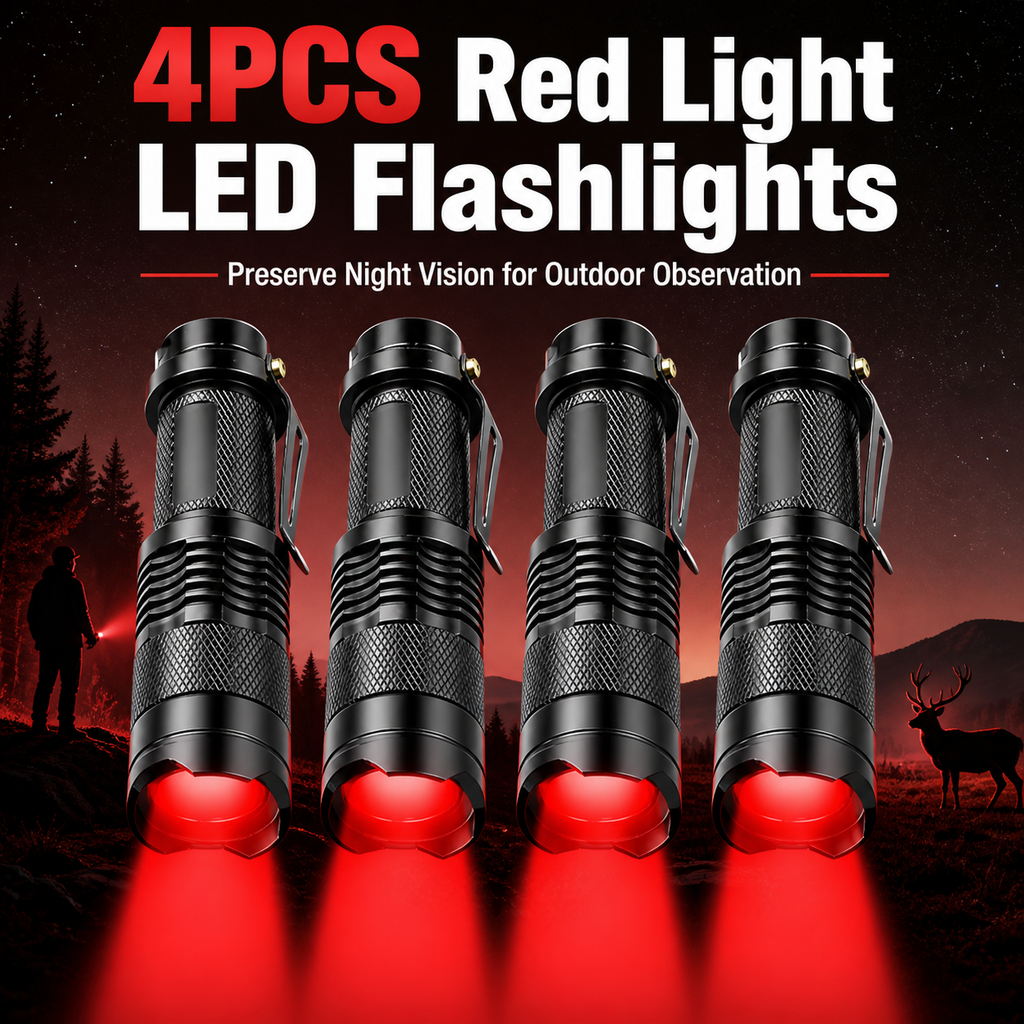 Red LED flashlight with pocket clip, 4-pack.