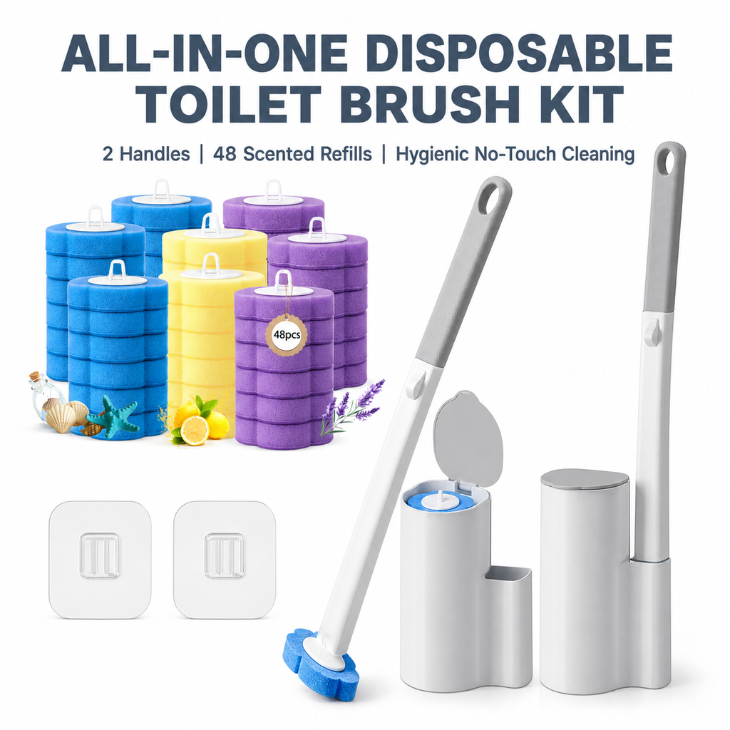 Disposable toilet brush set (2 brush handles + 48 sponge replacement heads + storage base)
