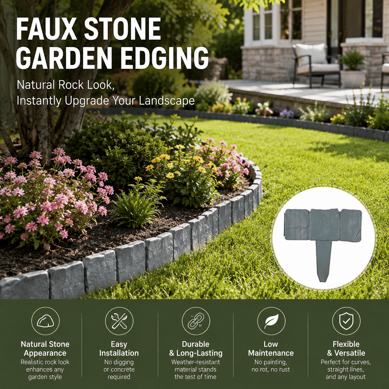 Faux Stone Landscape Edging Border with Realistic Natural Rock Appearance