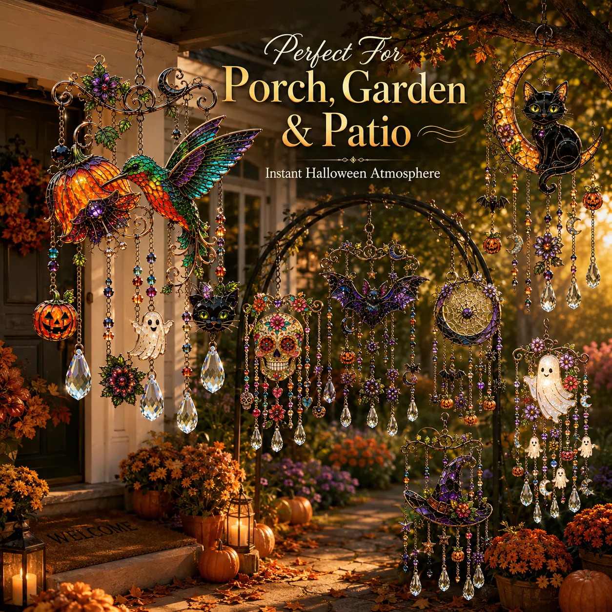 🎃💎Halloween Crystal Wind Chime – Colorful Acrylic Hanging Garden Decoration