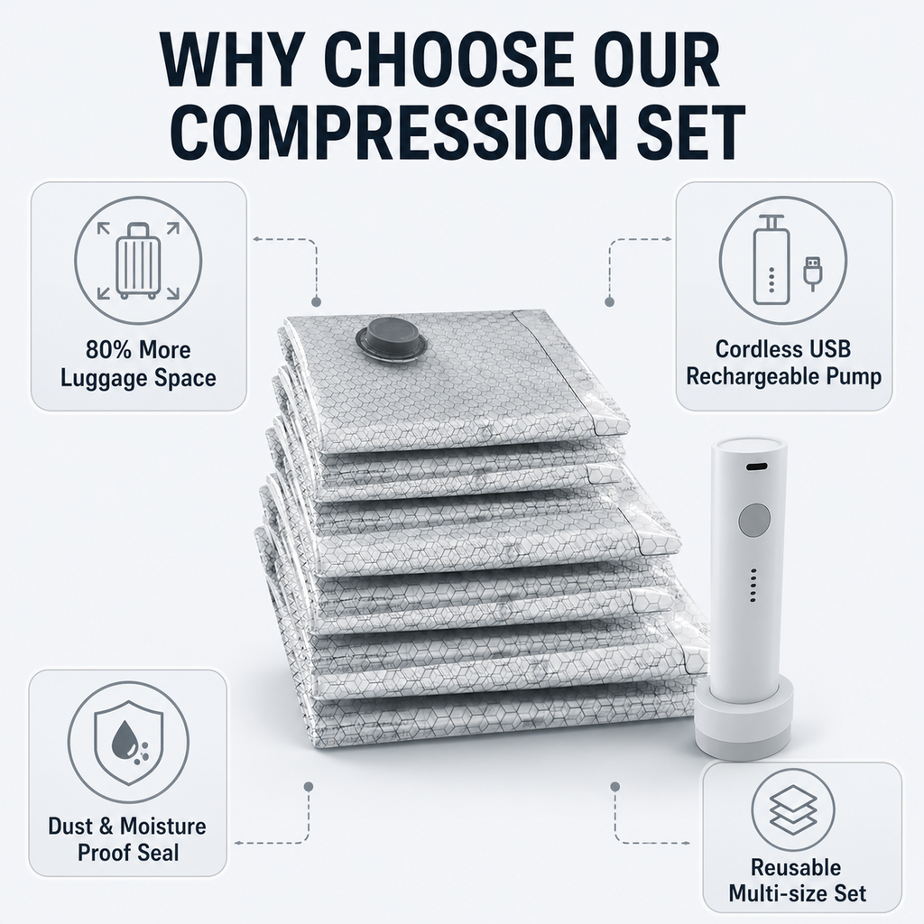 Travel compression storage bag with charge pump set gray 6PCS