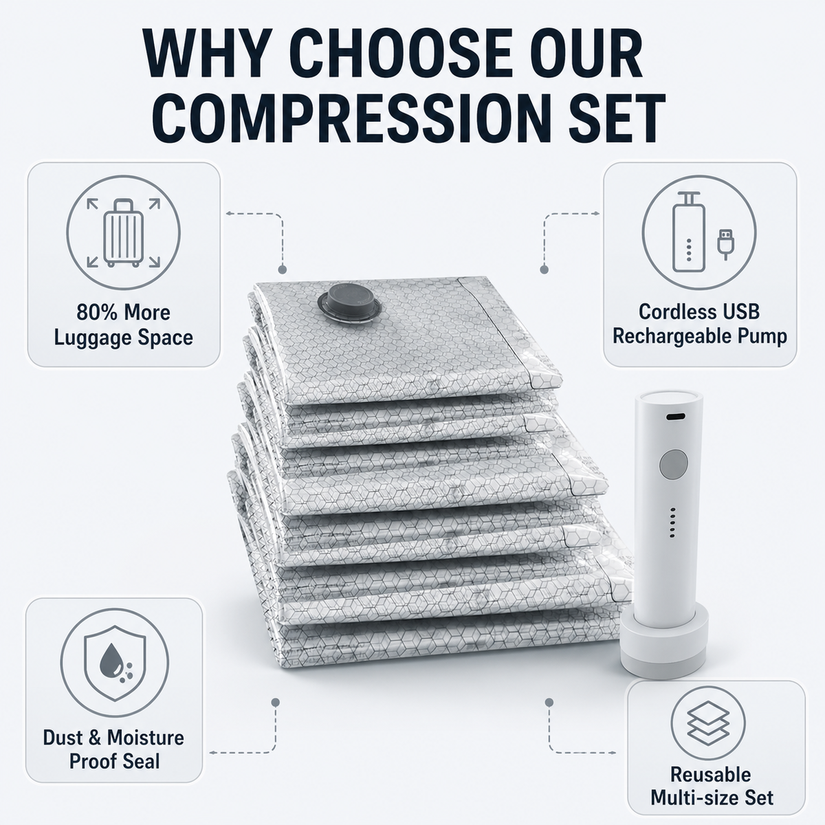 Travel compression storage bag with charge pump set gray 6PCS