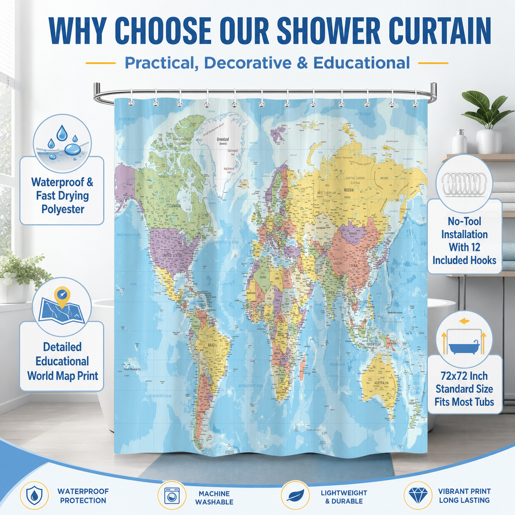 World map shower curtain, 72x72 inches