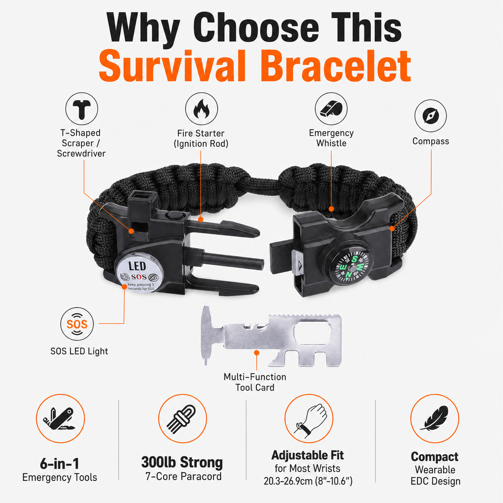 Multifunctional survival bracelet (includes fire starter, whistle, compass, LED light, and tool card), 2PCS
