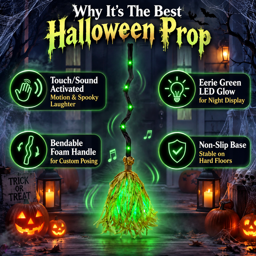 Animated Halloween Broom with Sound and LED Light