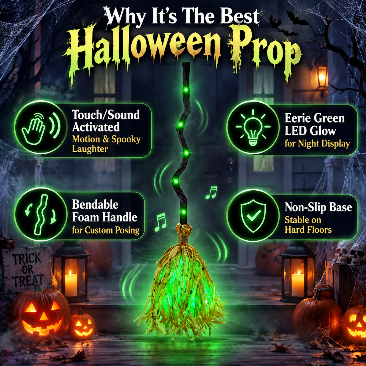 Animated Halloween Broom with Sound and LED Light