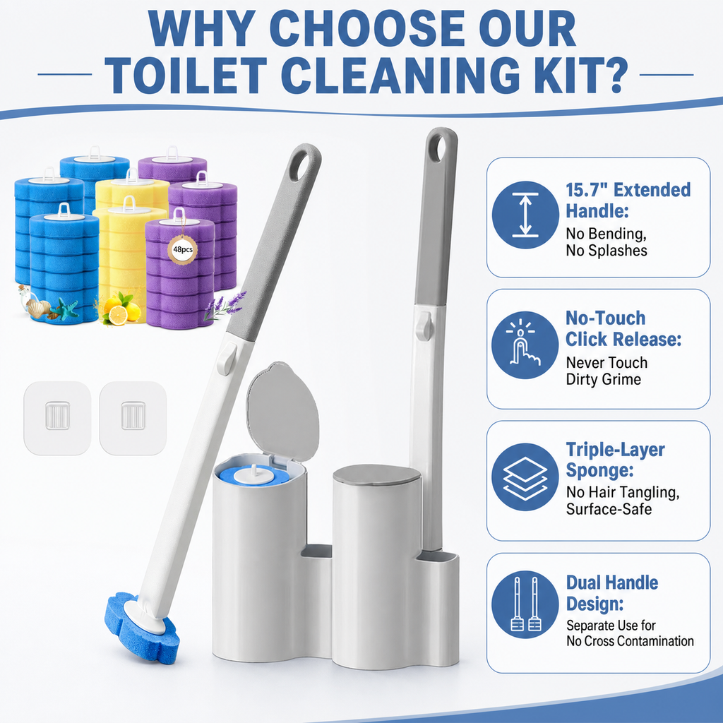 Disposable toilet brush set (2 brush handles + 48 sponge replacement heads + storage base)