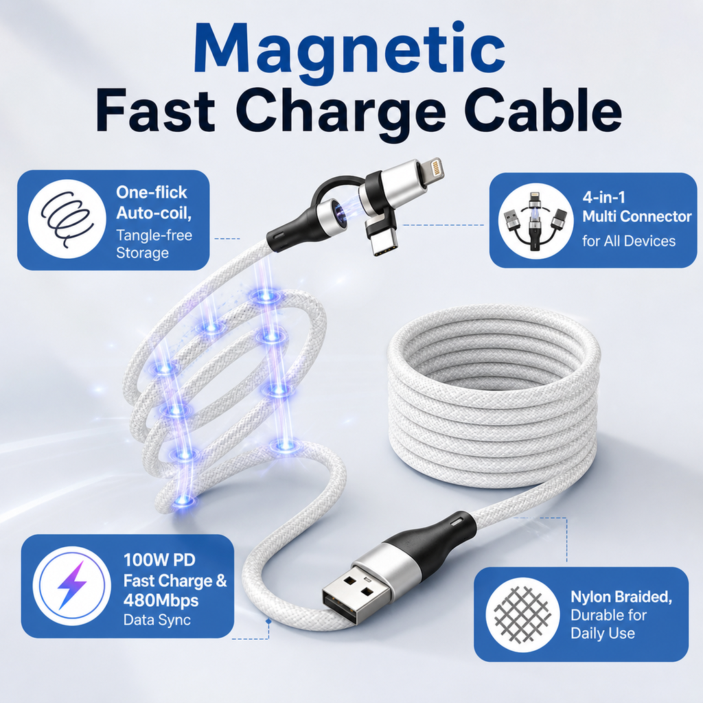 100W 4-in-1 Aluminum Alloy Magnetic Retractable Data Cable