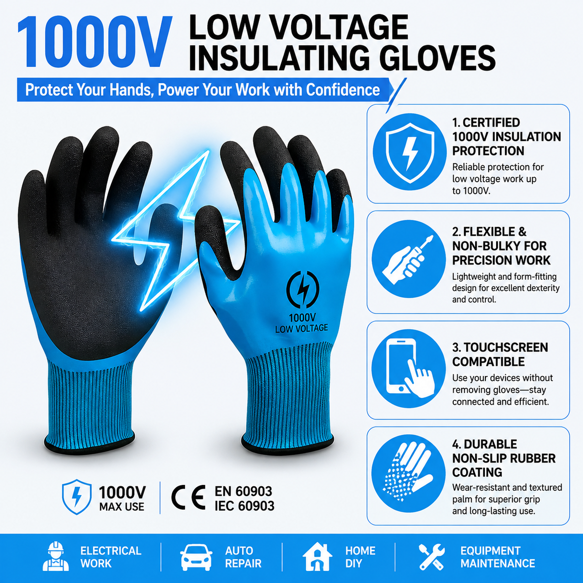 Low-voltage insulating gloves (1000V)