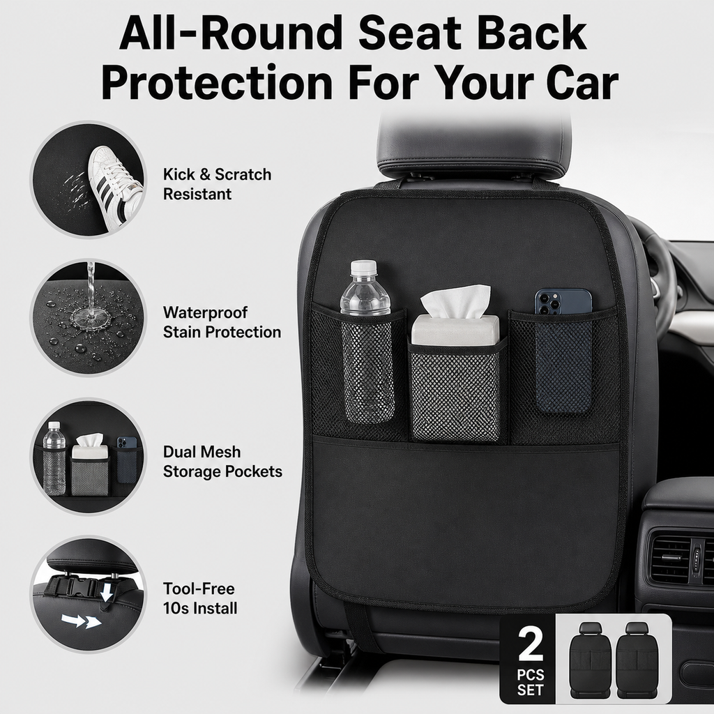 Car rear seat anti-dirty pad, with double mesh bag storage bag 2 pieces in black