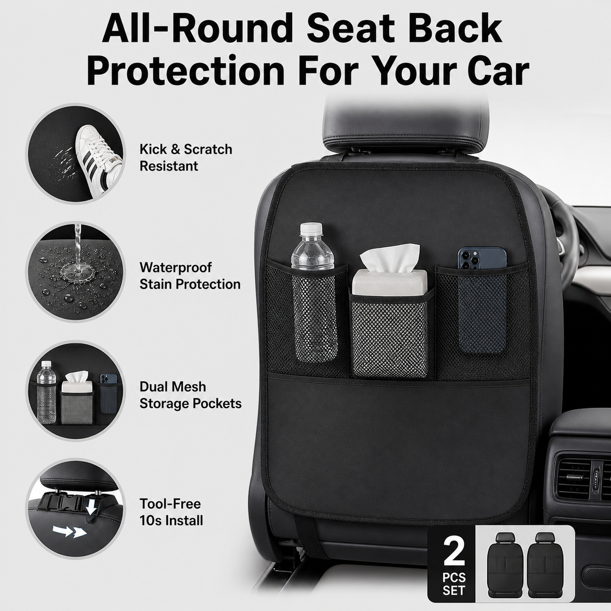 Car rear seat anti-dirty pad, with double mesh bag storage bag 2 pieces in black
