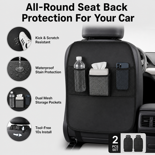 Car rear seat anti-dirty pad, with double mesh bag storage bag 2 pieces in black