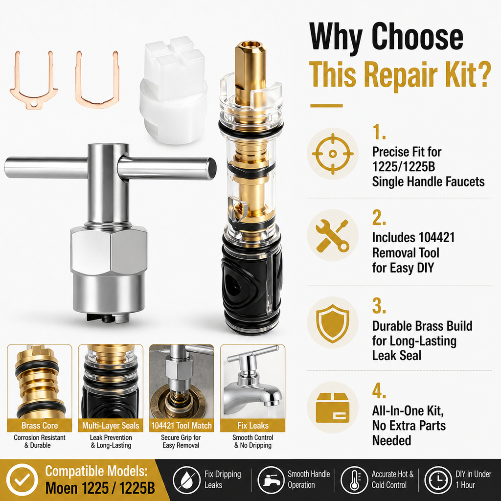 Compatible 1225 Valve Cartridge Replacement Kit (Includes 104421 Removal Tool and Single-Handle Shower Valve Cartridge)