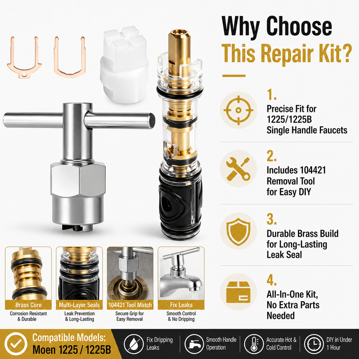 Compatible 1225 Valve Cartridge Replacement Kit (Includes 104421 Removal Tool and Single-Handle Shower Valve Cartridge)