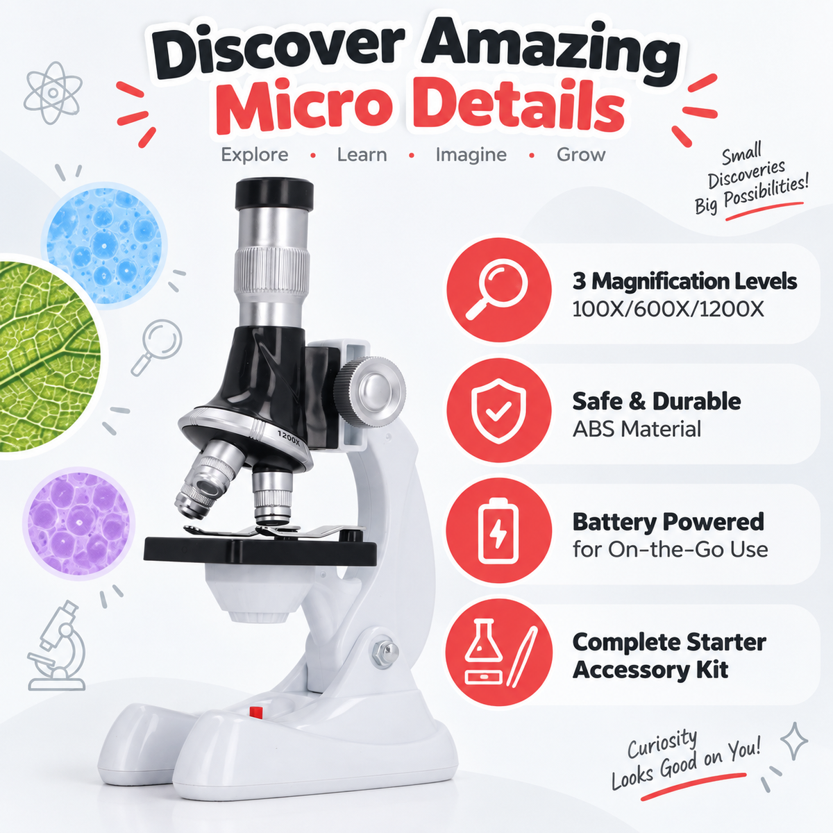 Children's Microscope Set (100x/600x/1200x magnification, equipped with 3 objective lenses)
