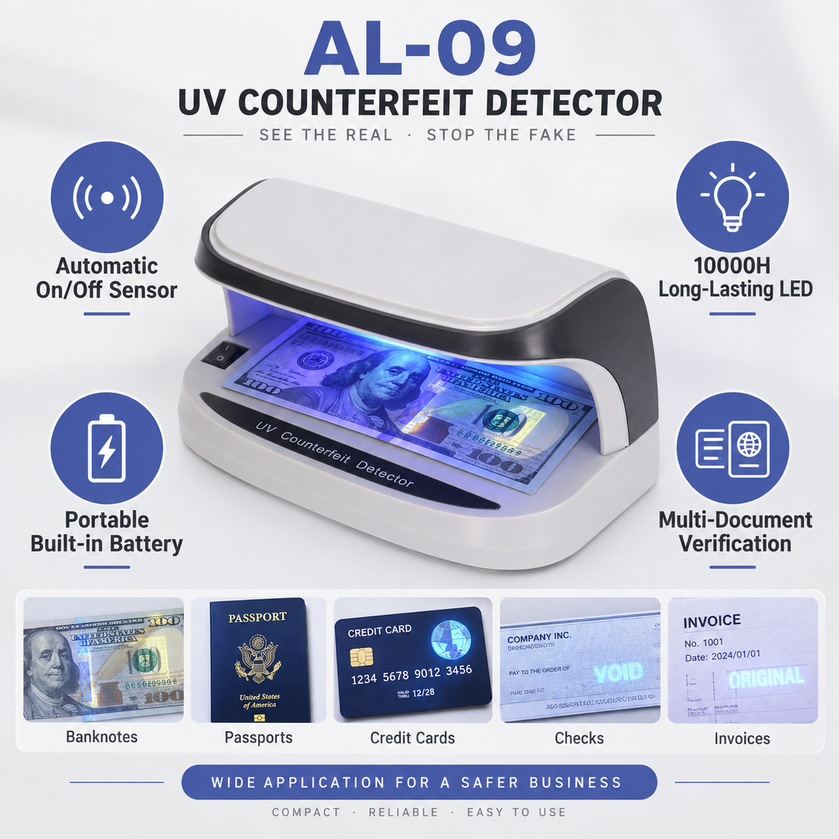 UV Banknote Detector — Supports verification of checks, passports, and credit cards