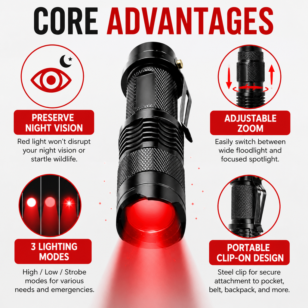 Red LED flashlight with pocket clip, 4-pack.
