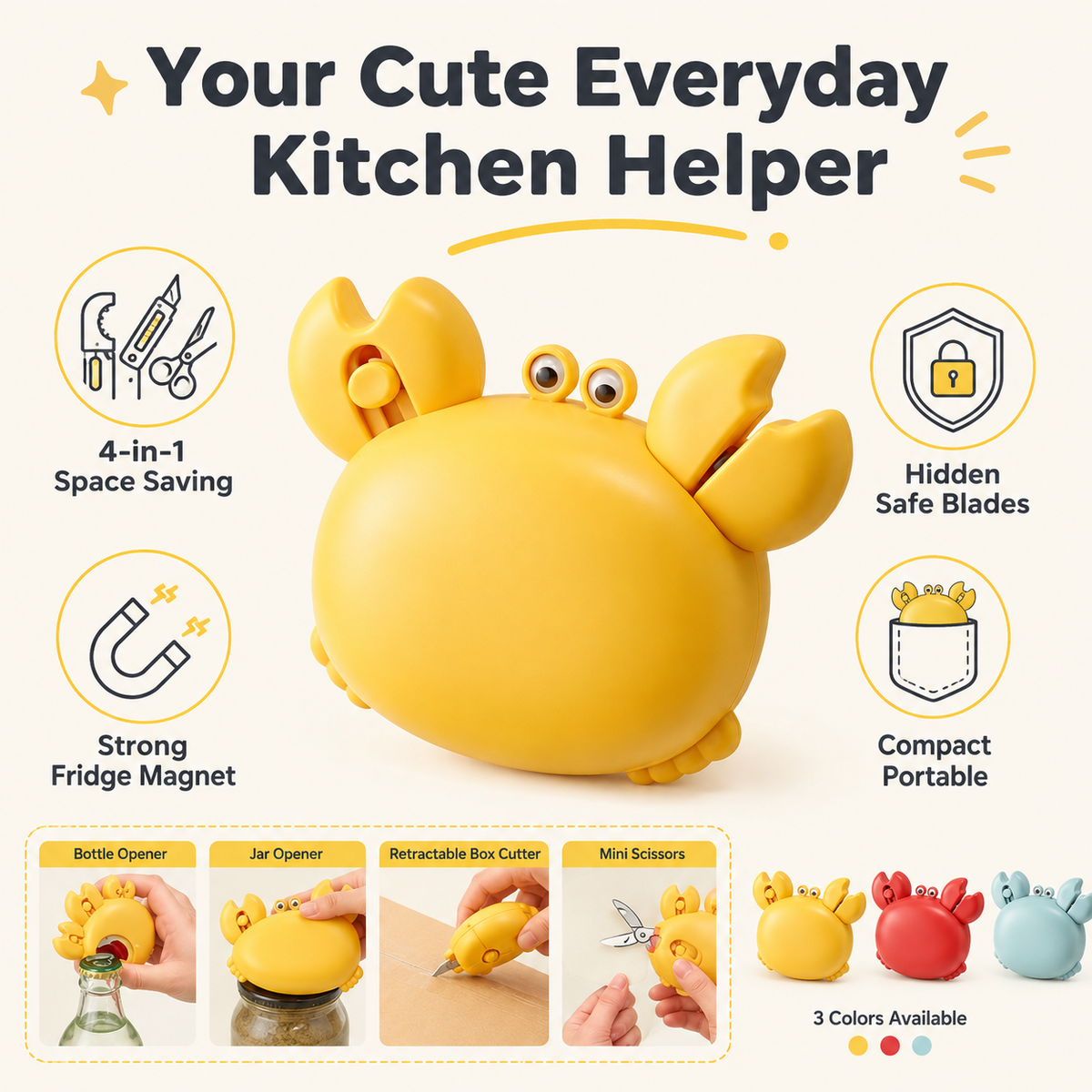 Compact 4-in-1 Kitchen Gadget with Bottle and Jar Opener