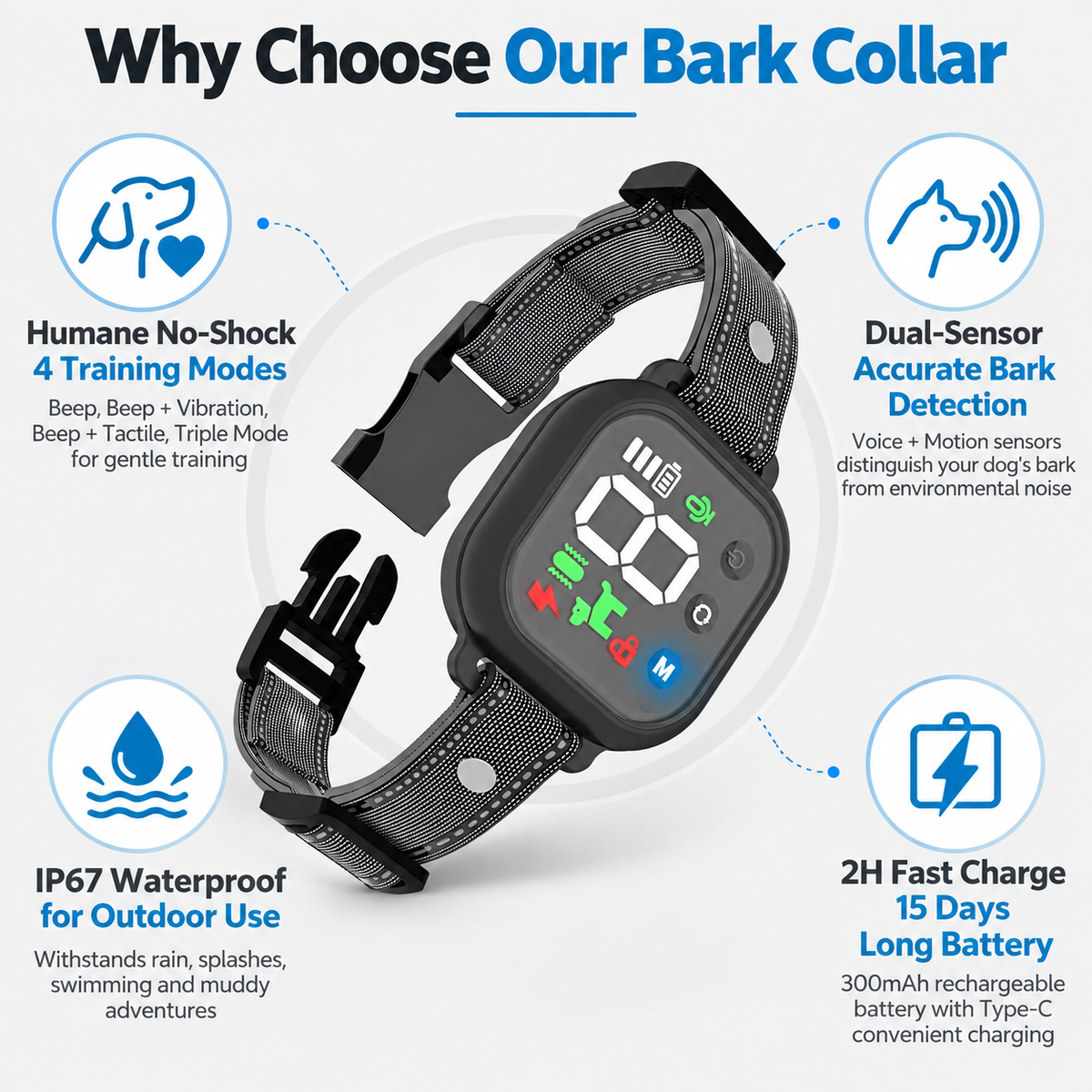 Anti-bark collar: Rechargeable, suitable for dogs weighing 8–120 lbs