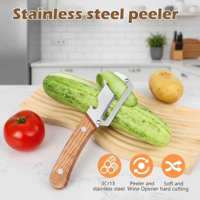 (🎁Last Day 49% OFF)🔪✨Heavy-Duty Stainless Steel Vegetable Peeler with Ergonomic Wood Handle & Built-in Bottle Opener