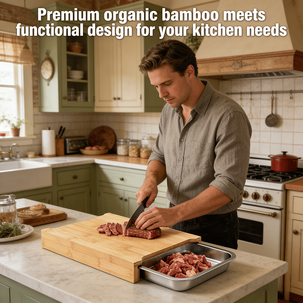 🌿 Organic Bamboo Cutting Board with Sliding Drawers