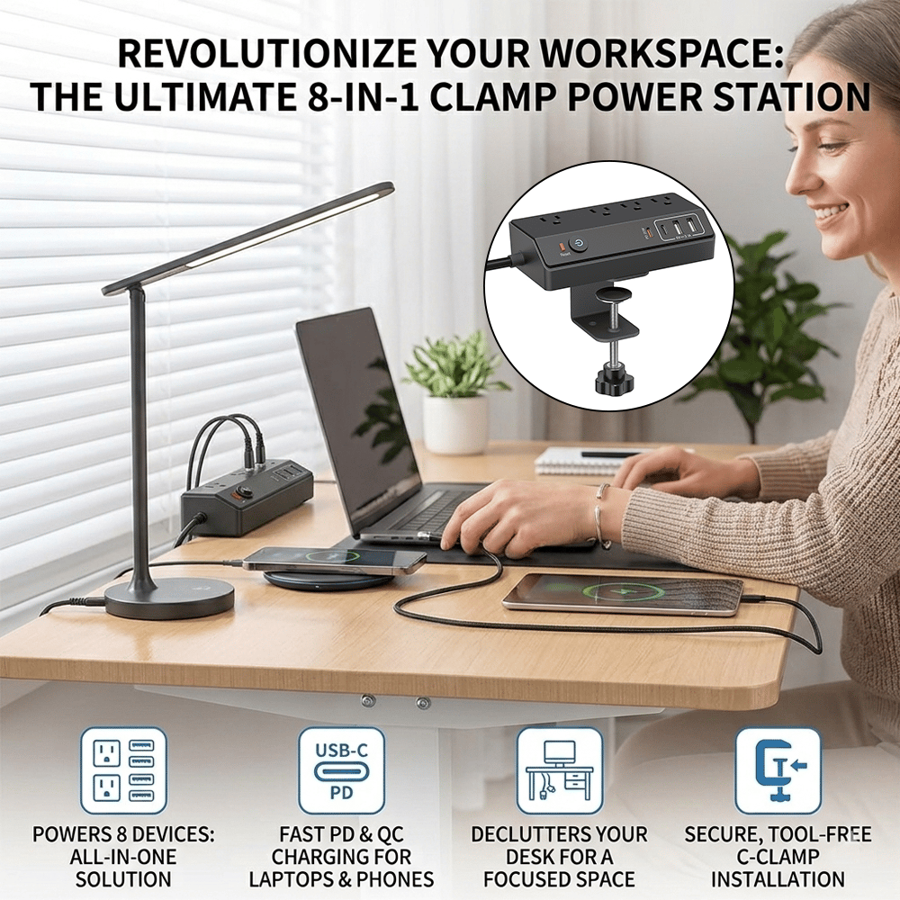 Space-Saving Clamp-on Power Strip 🔌 8/12-Port Desktop Edge Charging Station – Secure Grip Mounting with Surge Protection 💻